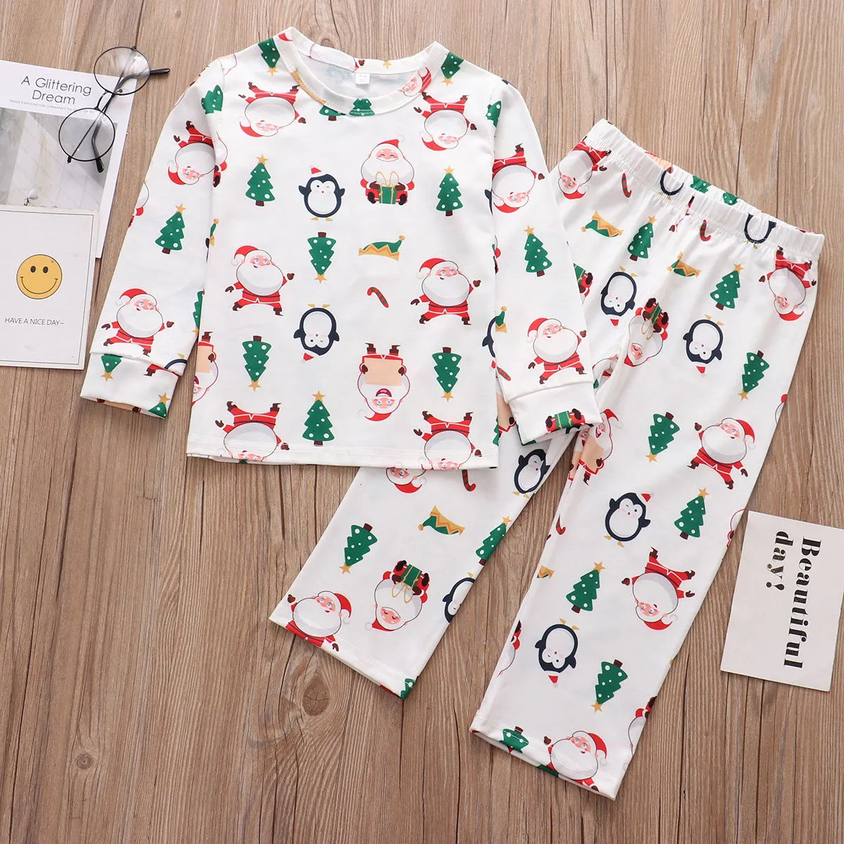 Family Christmas Pajamas Allover Xmas Pattern Santa Claus Penguin Christmas Tree Elf Hat Candy Canes