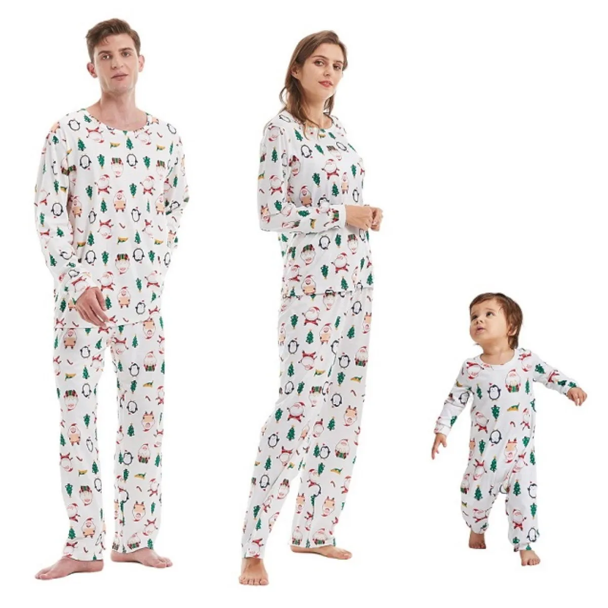 Family Christmas Pajamas Allover Xmas Pattern Santa Claus Penguin Christmas Tree Elf Hat Candy Canes