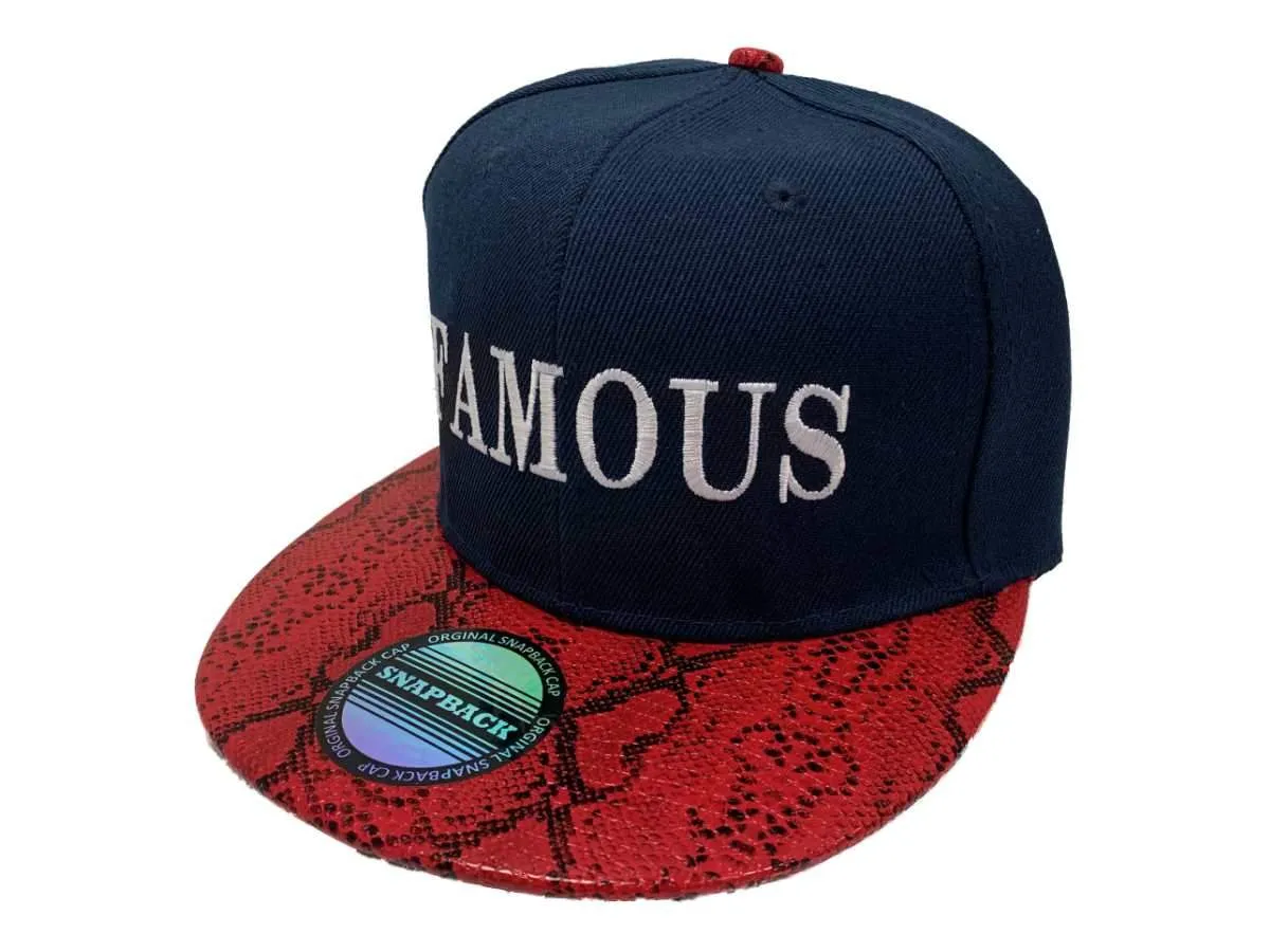 Famous XM Navy & Red Faux Snakeskin Structured Adj. Snapback Flat Bill Hat Cap