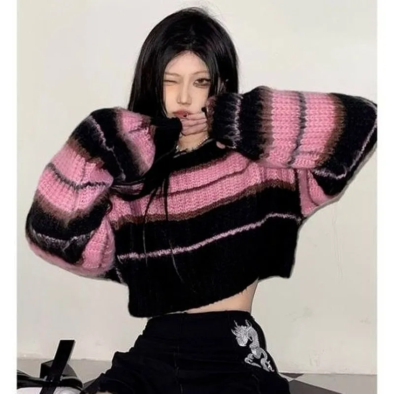 Fashionkova  Y2K Korean Style Pink Cropped Sweater Women Striped Jumper Vintage Female  Autumn Long Sleeve Crewneck Pullovers Tops