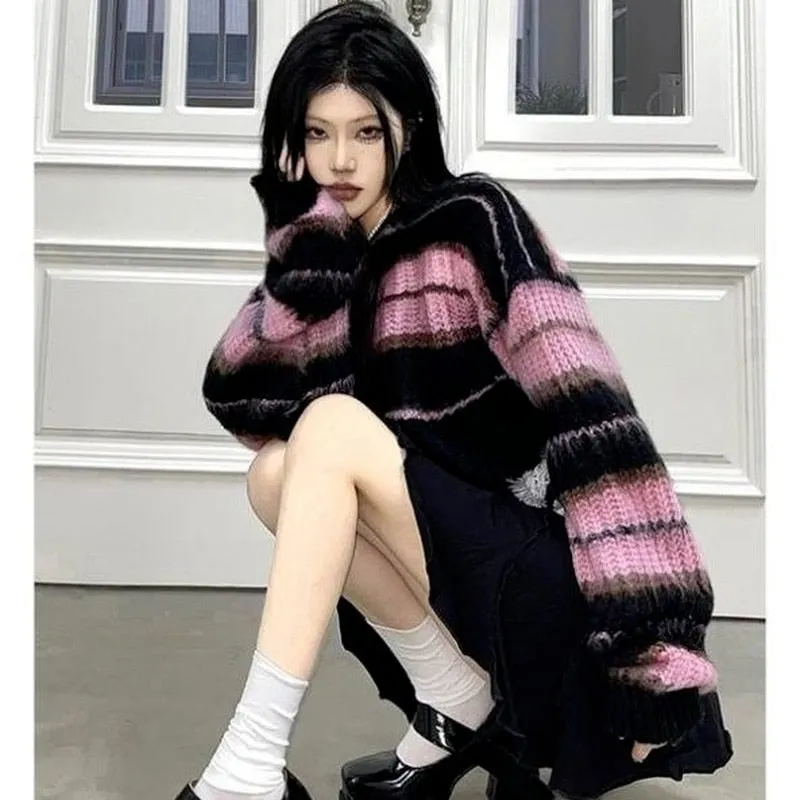 Fashionkova  Y2K Korean Style Pink Cropped Sweater Women Striped Jumper Vintage Female  Autumn Long Sleeve Crewneck Pullovers Tops