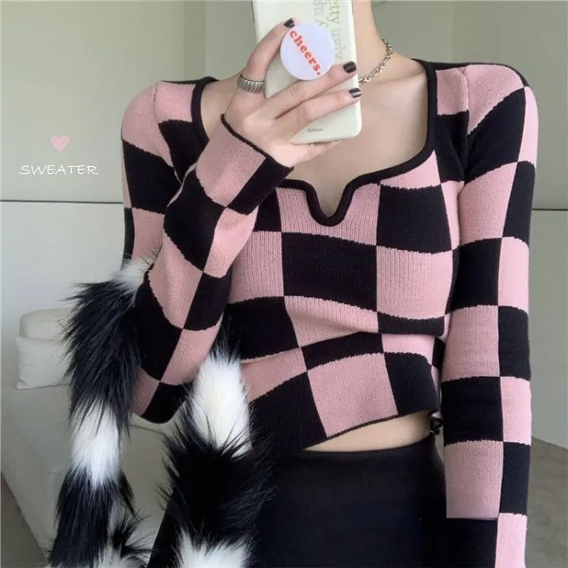 Fashionkova  Y2K Korean Style Plaid Pink Cropped Sweater Womens Harajuku White Knitted Crewneck Jumper Pullover Female Slim Sexy Top