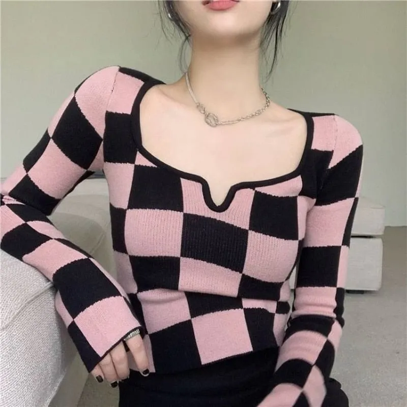 Fashionkova  Y2K Korean Style Plaid Pink Cropped Sweater Womens Harajuku White Knitted Crewneck Jumper Pullover Female Slim Sexy Top