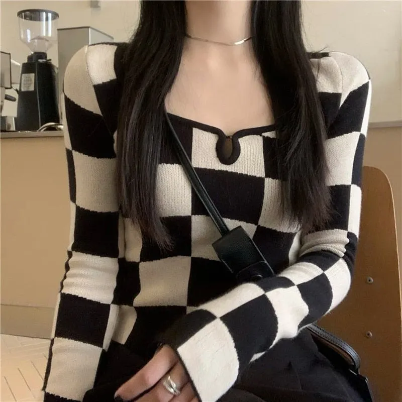 Fashionkova  Y2K Korean Style Plaid Pink Cropped Sweater Womens Harajuku White Knitted Crewneck Jumper Pullover Female Slim Sexy Top