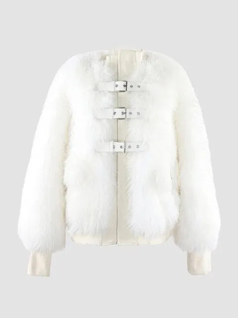 Faux Fox Fur Belt Detail Bomber Jacket