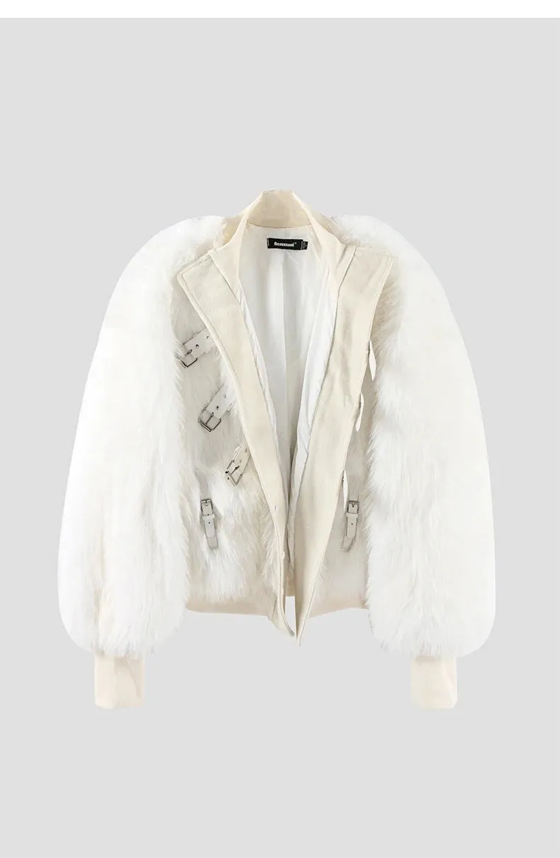 Faux Fox Fur Belt Detail Bomber Jacket