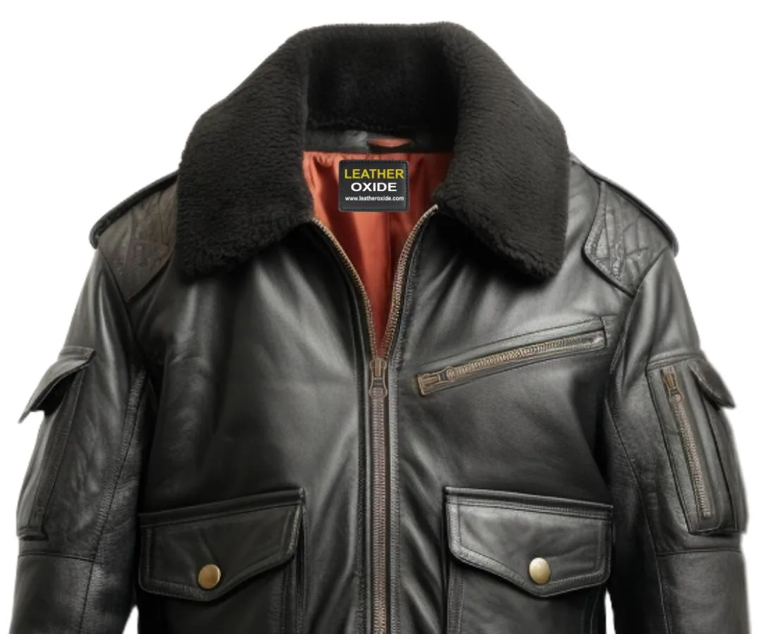 Flight Bomber Black Leather Jacket - Men Bomber Leather Jacket