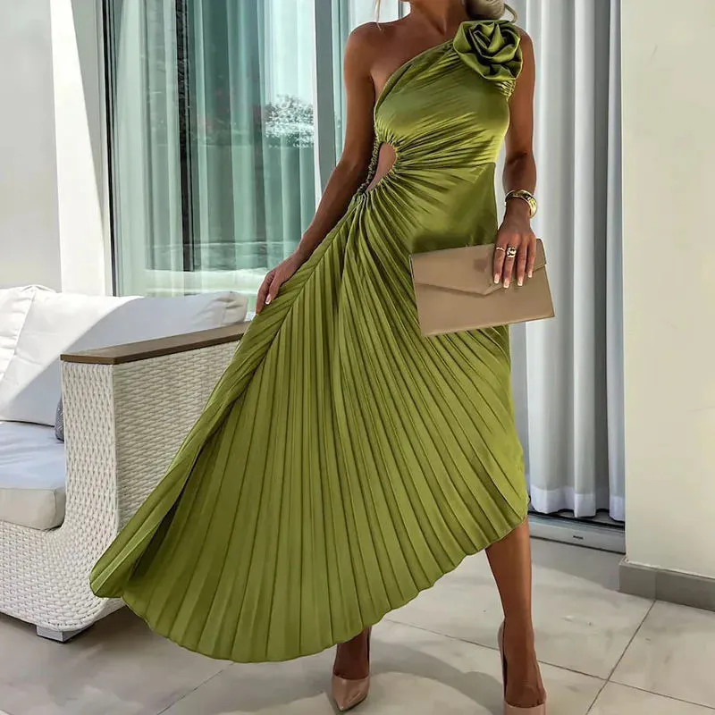 Floral Pleated Slim Asymmetrical Hollow Sleeveless Long Female Casual Off Shoulder Evening Party Fashion Dress