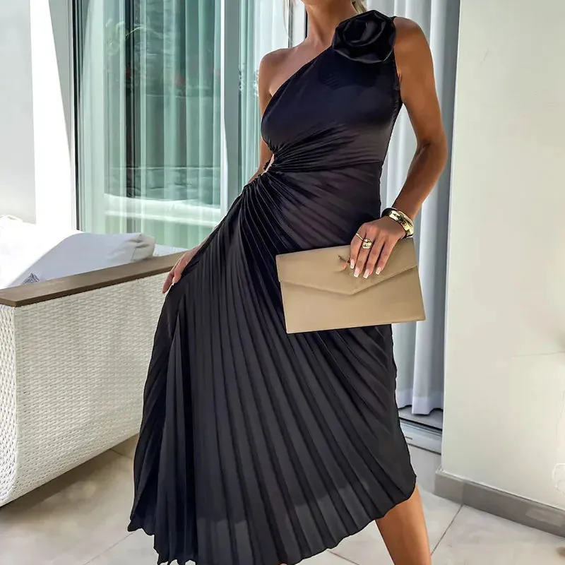 Floral Pleated Slim Asymmetrical Hollow Sleeveless Long Female Casual Off Shoulder Evening Party Fashion Dress