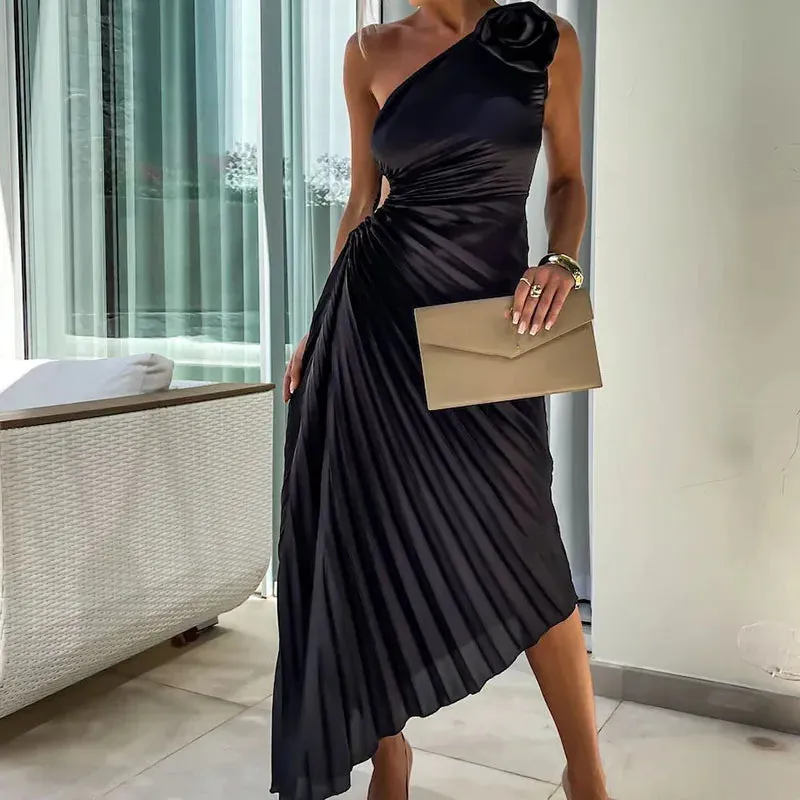 Floral Pleated Slim Asymmetrical Hollow Sleeveless Long Female Casual Off Shoulder Evening Party Fashion Dress