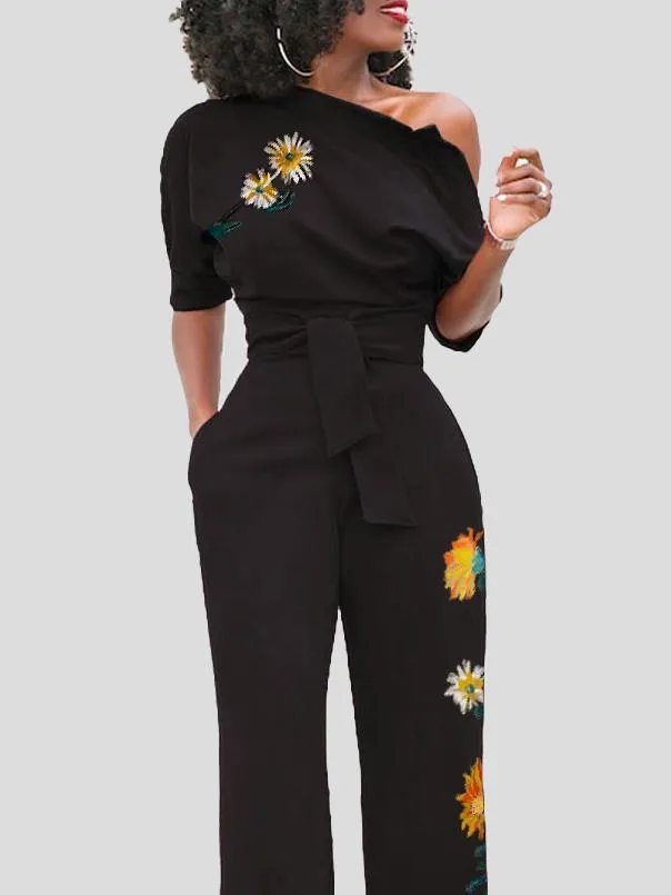 Flower Print One Shoulder Belted Jumpsuit