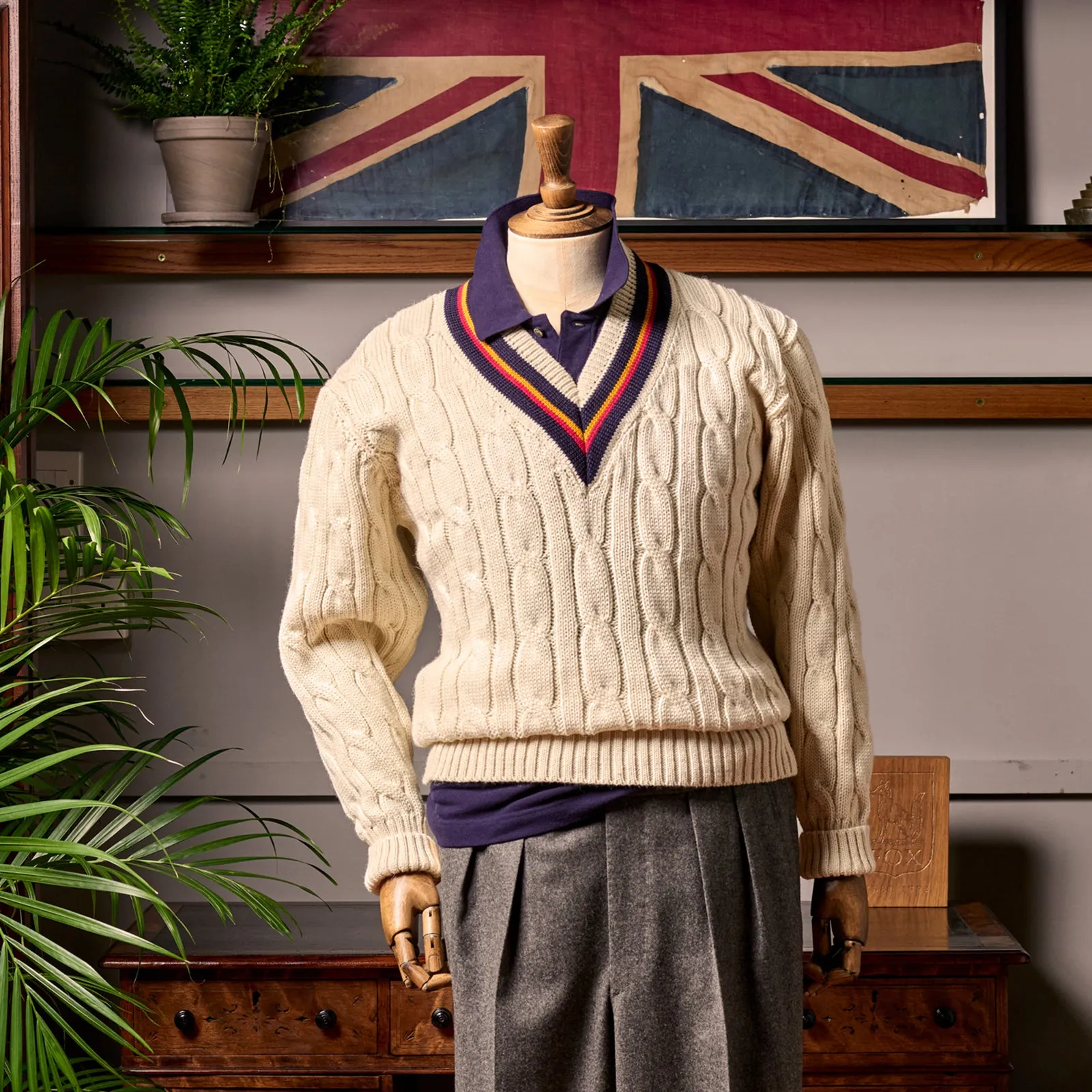 Fox Cricket Club Ecru Sweater with Navy, Sun Yellow & Red Stripes