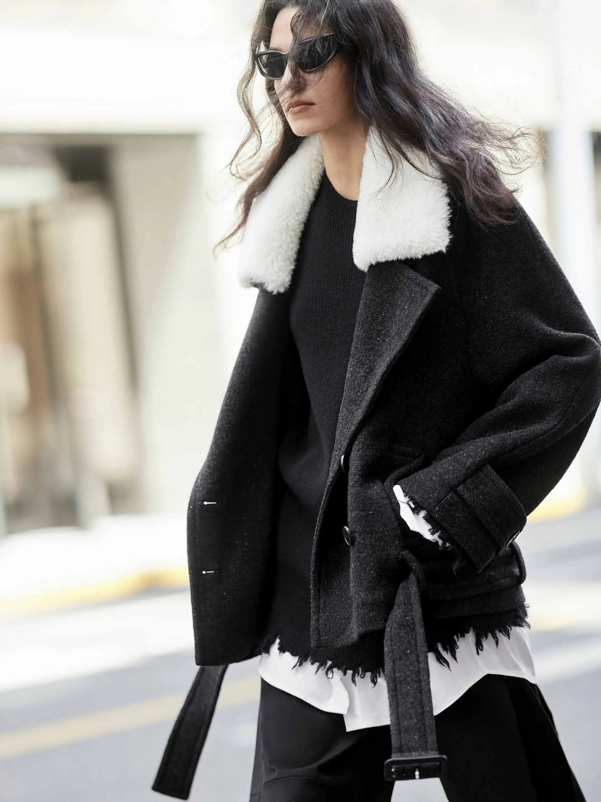 Fur Collar Quilted Coat with Belt