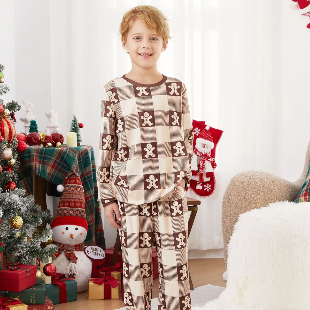 Gingerbread Family Pajamas Allover Gingerbread Plaid Henley Neckline Matching Pajamas Christmas