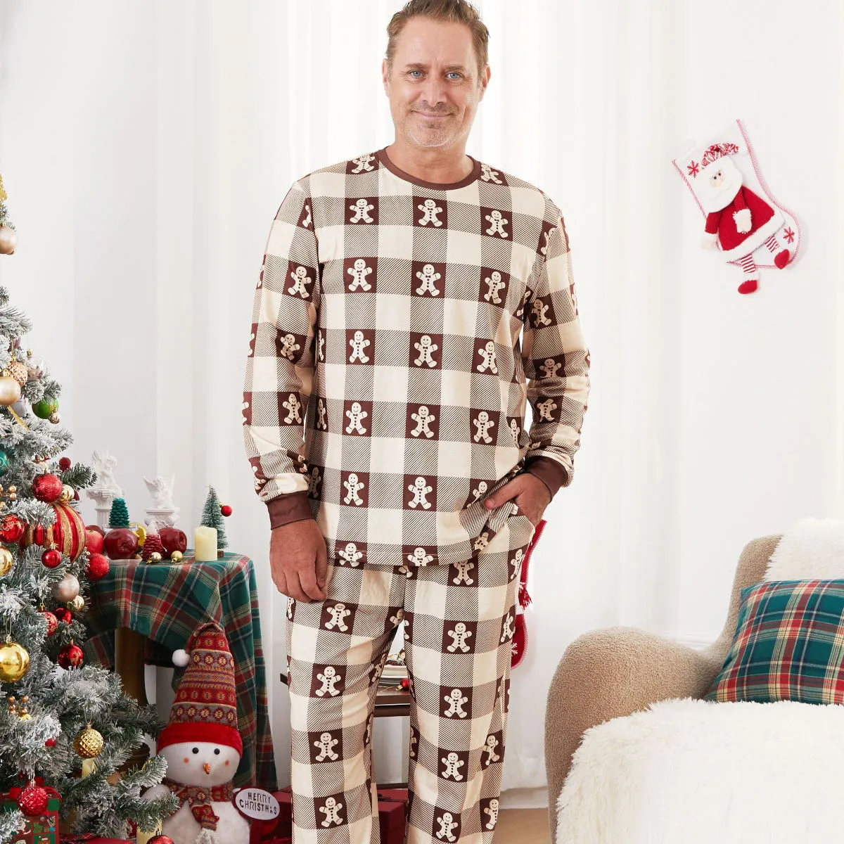 Gingerbread Family Pajamas Allover Gingerbread Plaid Henley Neckline Matching Pajamas Christmas