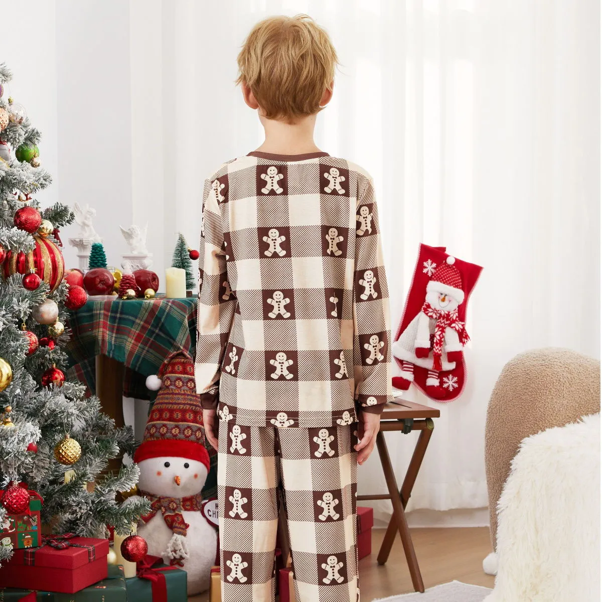 Gingerbread Family Pajamas Allover Gingerbread Plaid Henley Neckline Matching Pajamas Christmas