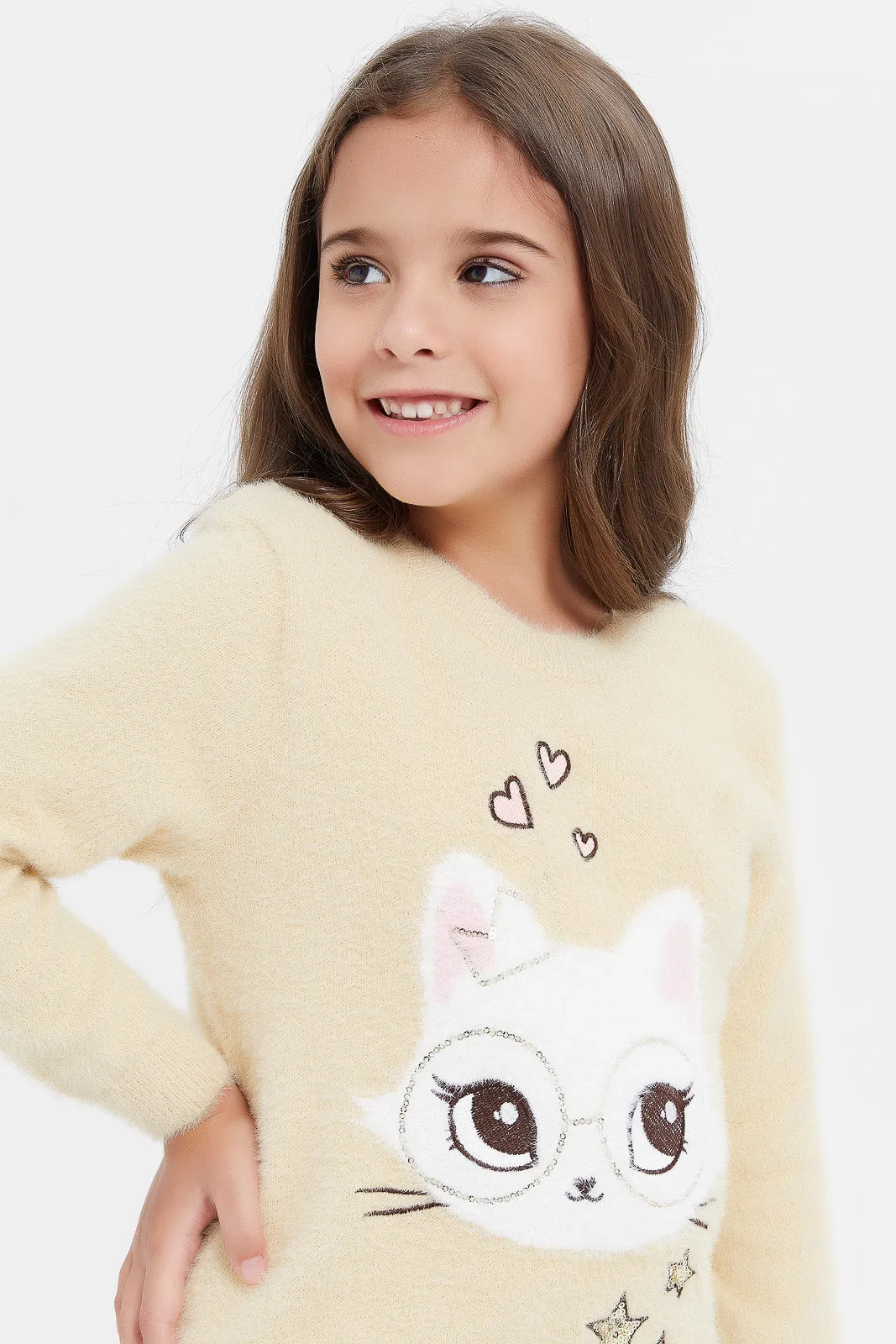 Girls Beige Printed Cat Pullover