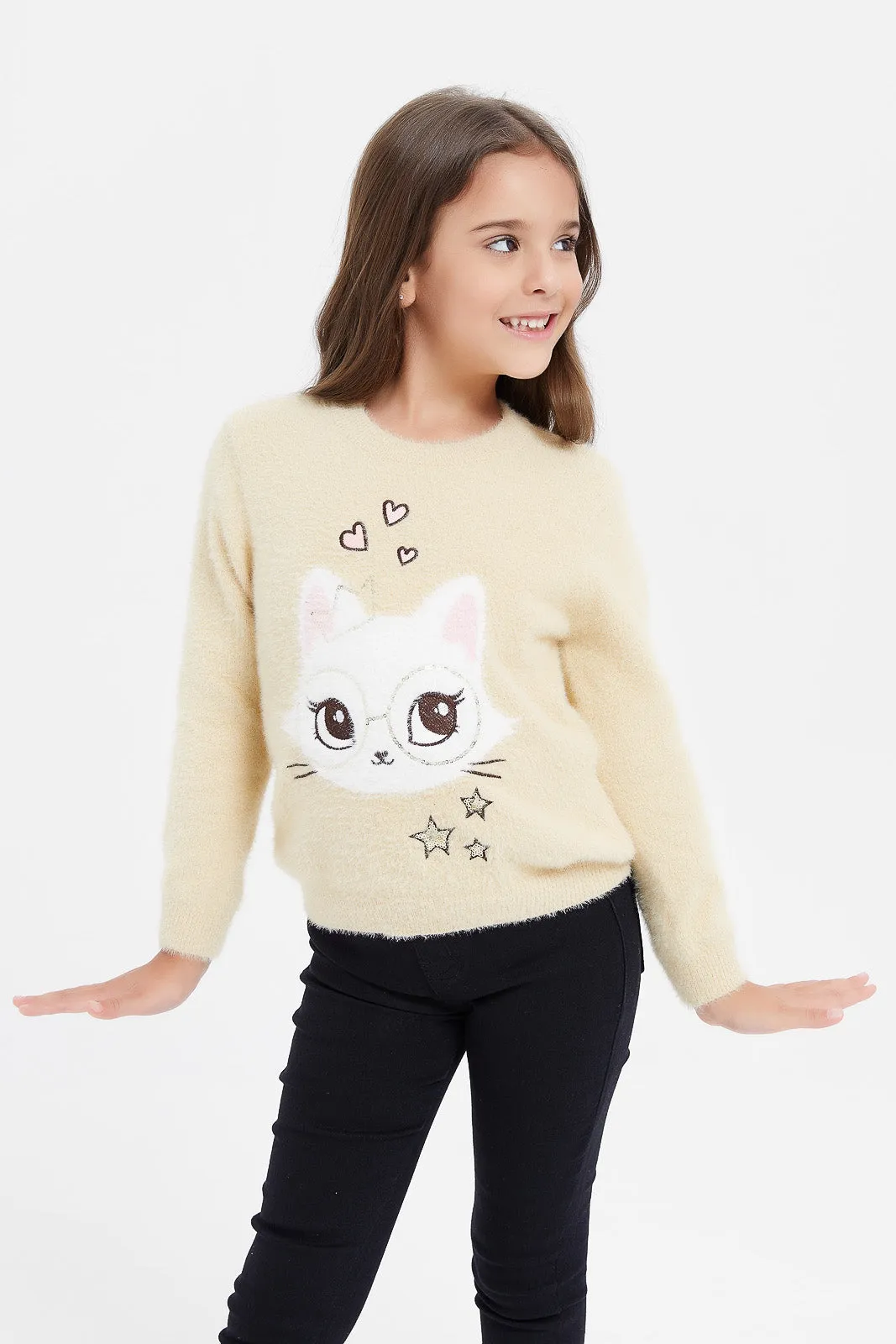 Girls Beige Printed Cat Pullover