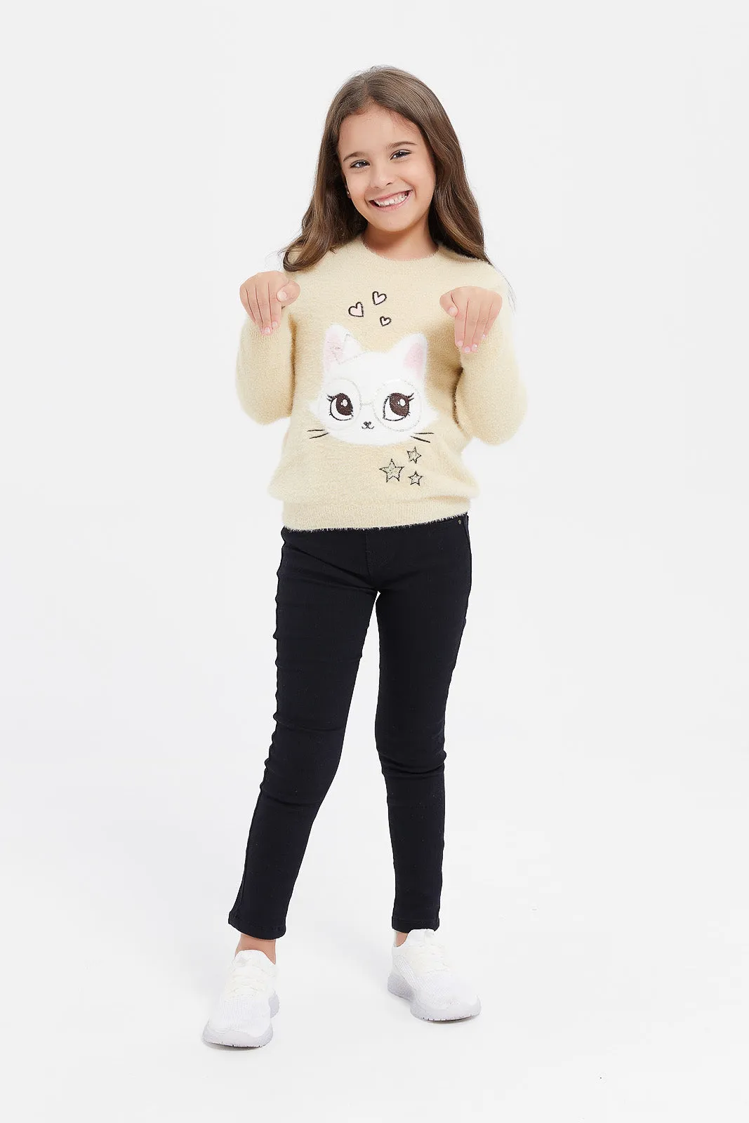 Girls Beige Printed Cat Pullover