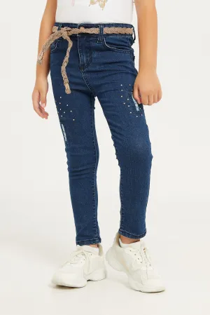 Girls Blue Denim Embroidered Jeans With Belt