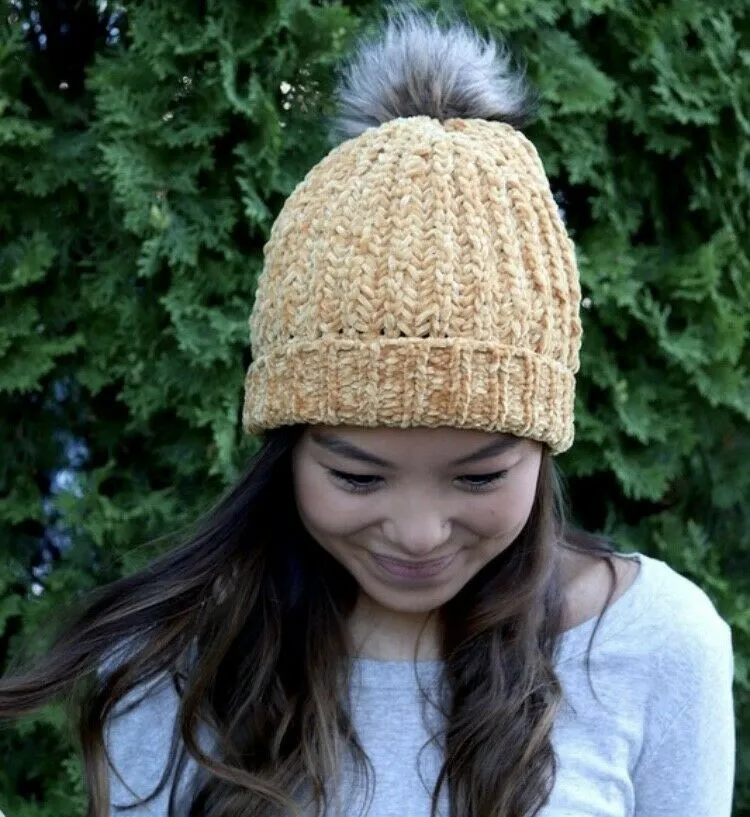 Golden Mustard Chenille Knit Fur Pompom Winter Beanie Womens