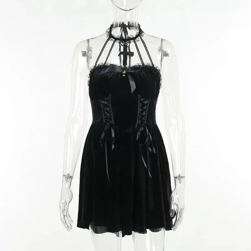 Gothic Velvet Criss-Cross Halter Vintage Draped Lace Sleeveless Bodycon Backless A-Line Gothic Dress