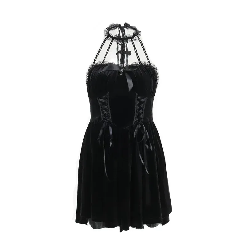 Gothic Velvet Criss-Cross Halter Vintage Draped Lace Sleeveless Bodycon Backless A-Line Gothic Dress