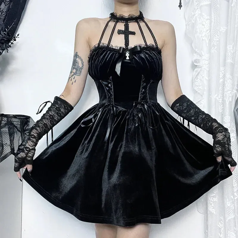 Gothic Velvet Criss-Cross Halter Vintage Draped Lace Sleeveless Bodycon Backless A-Line Gothic Dress