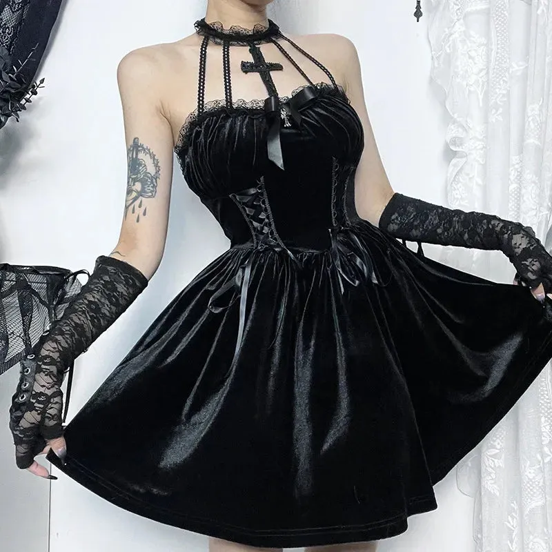 Gothic Velvet Criss-Cross Halter Vintage Draped Lace Sleeveless Bodycon Backless A-Line Gothic Dress