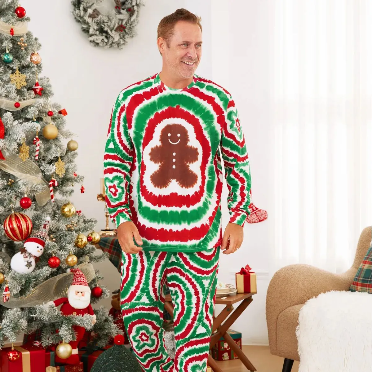 Green and Red Tie Dye Gingerbread Family Pajamas Christmas