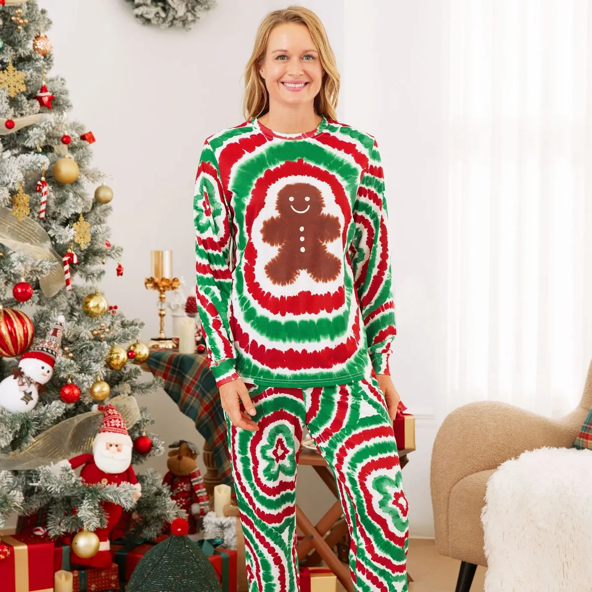 Green and Red Tie Dye Gingerbread Family Pajamas Christmas