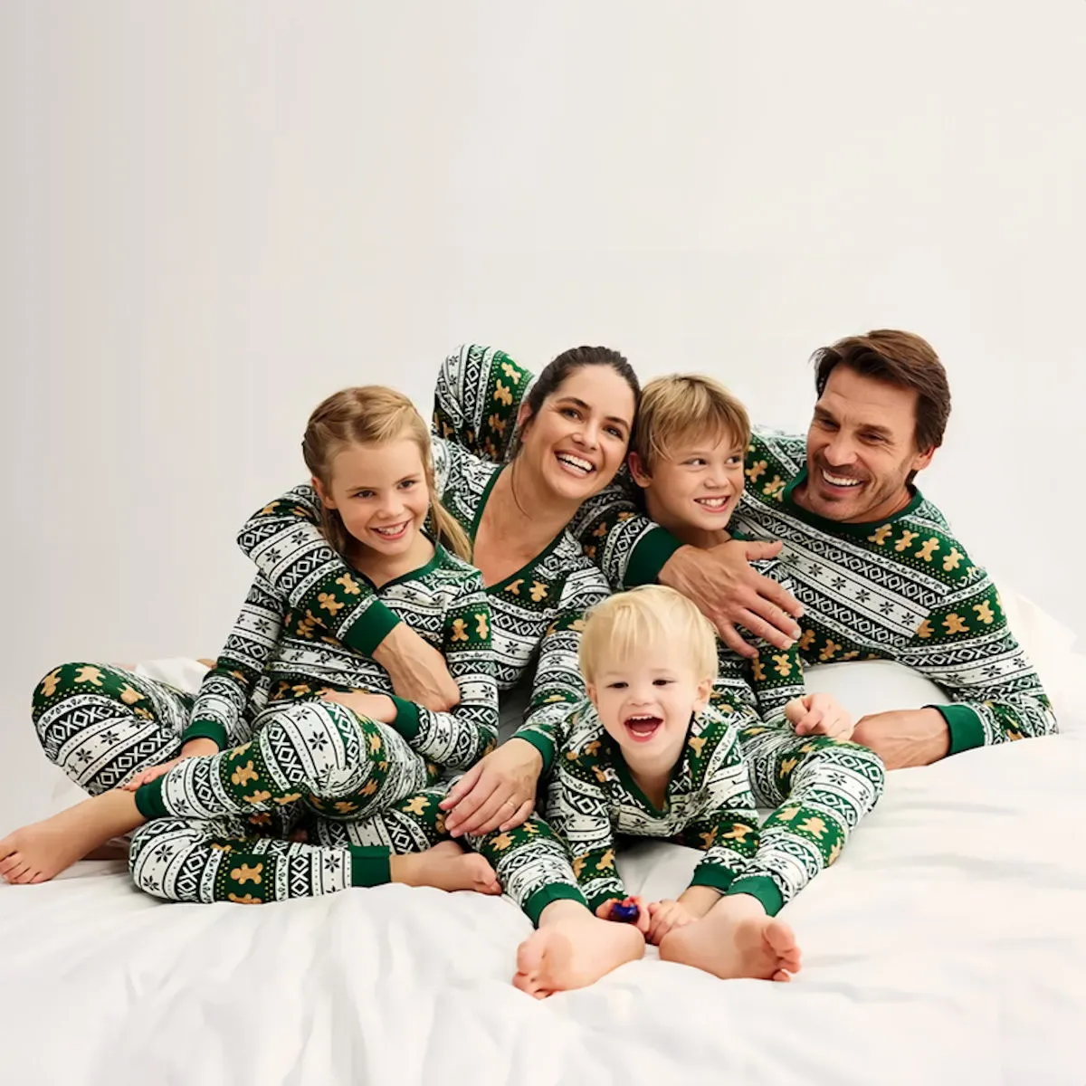 Green Gingerbread Family Pajamas Henry Neckline Allover Gingerbread Pattern Christmas