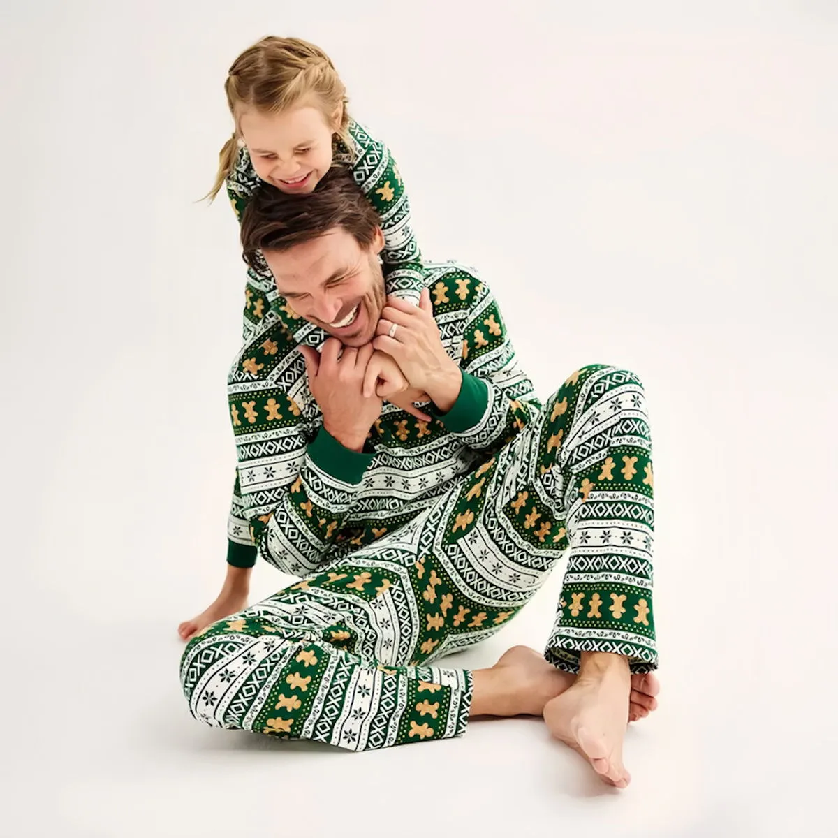 Green Gingerbread Family Pajamas Henry Neckline Allover Gingerbread Pattern Christmas