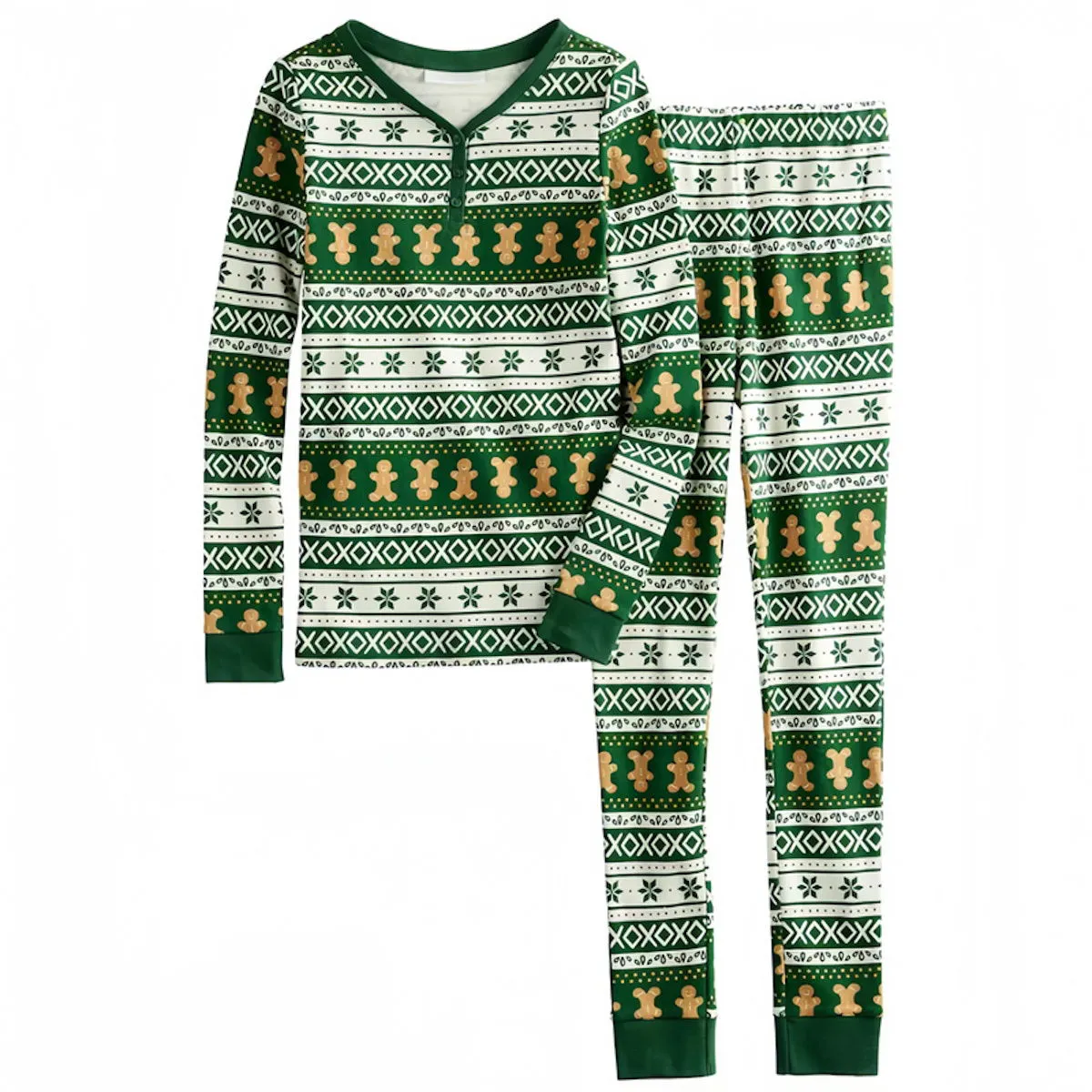 Green Gingerbread Family Pajamas Henry Neckline Allover Gingerbread Pattern Christmas