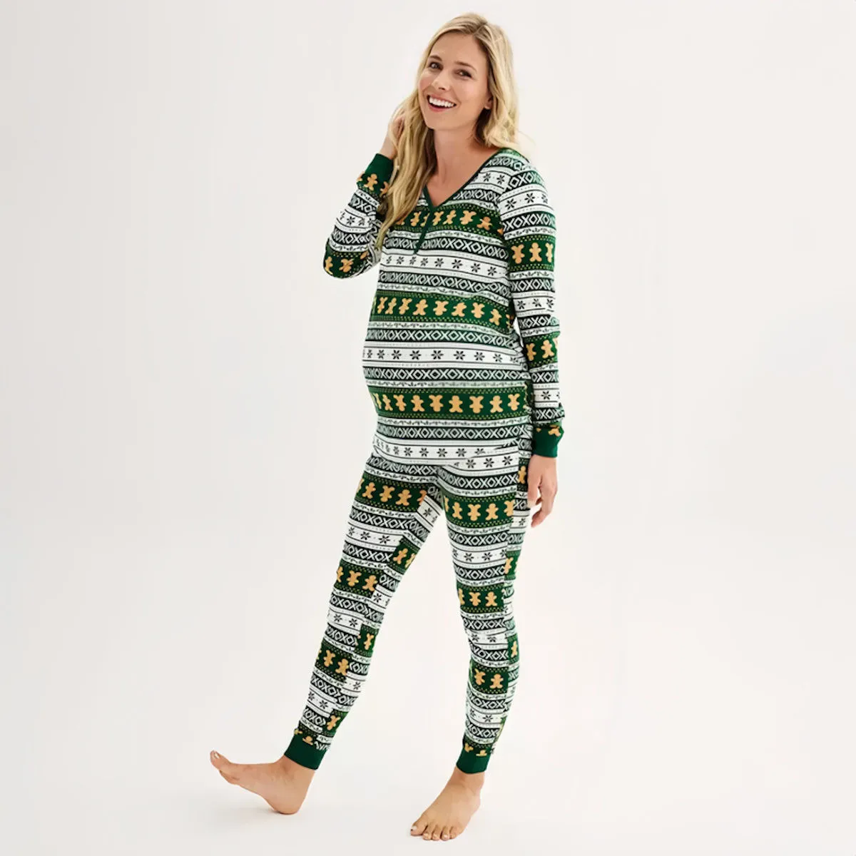 Green Gingerbread Family Pajamas Henry Neckline Allover Gingerbread Pattern Christmas