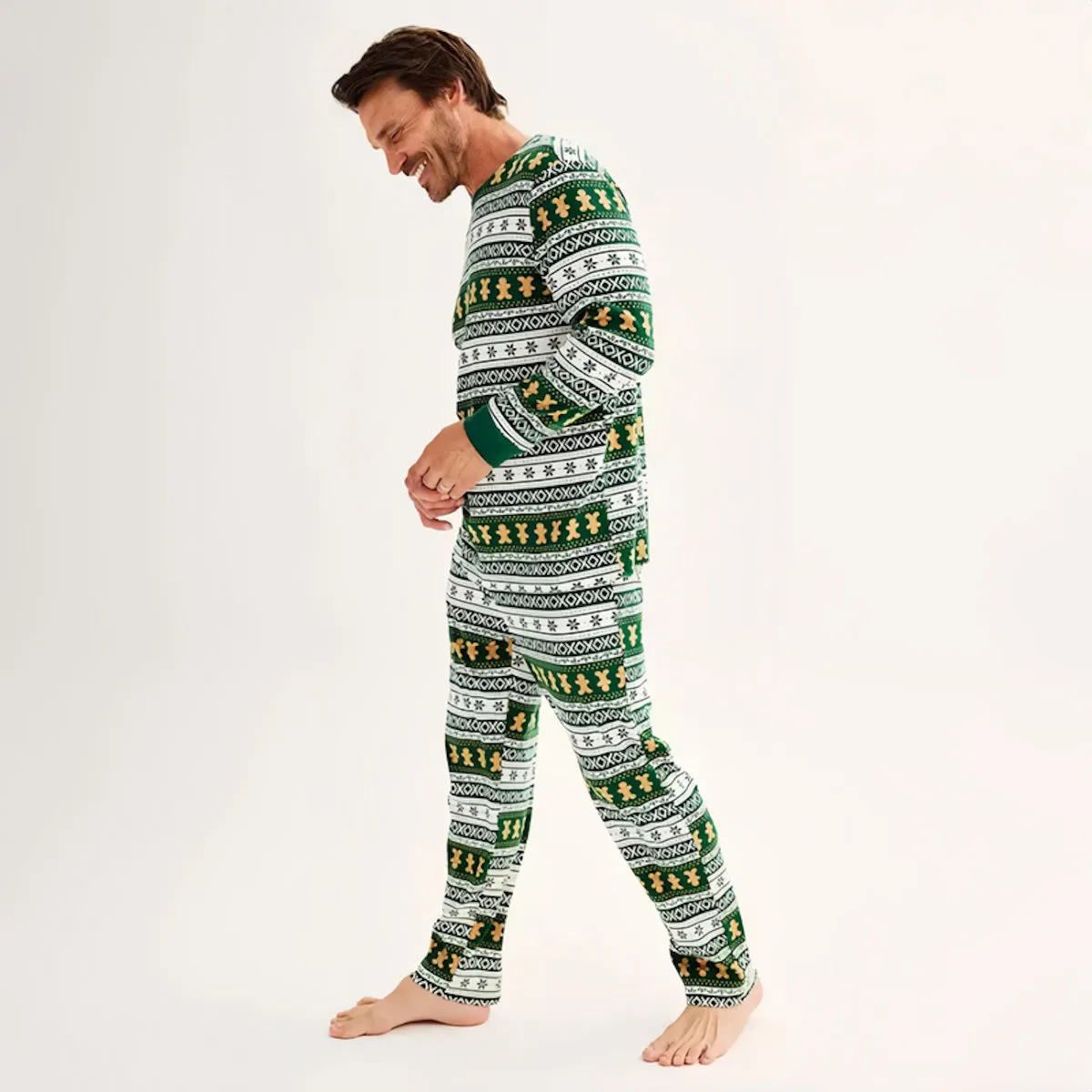 Green Gingerbread Family Pajamas Henry Neckline Allover Gingerbread Pattern Christmas