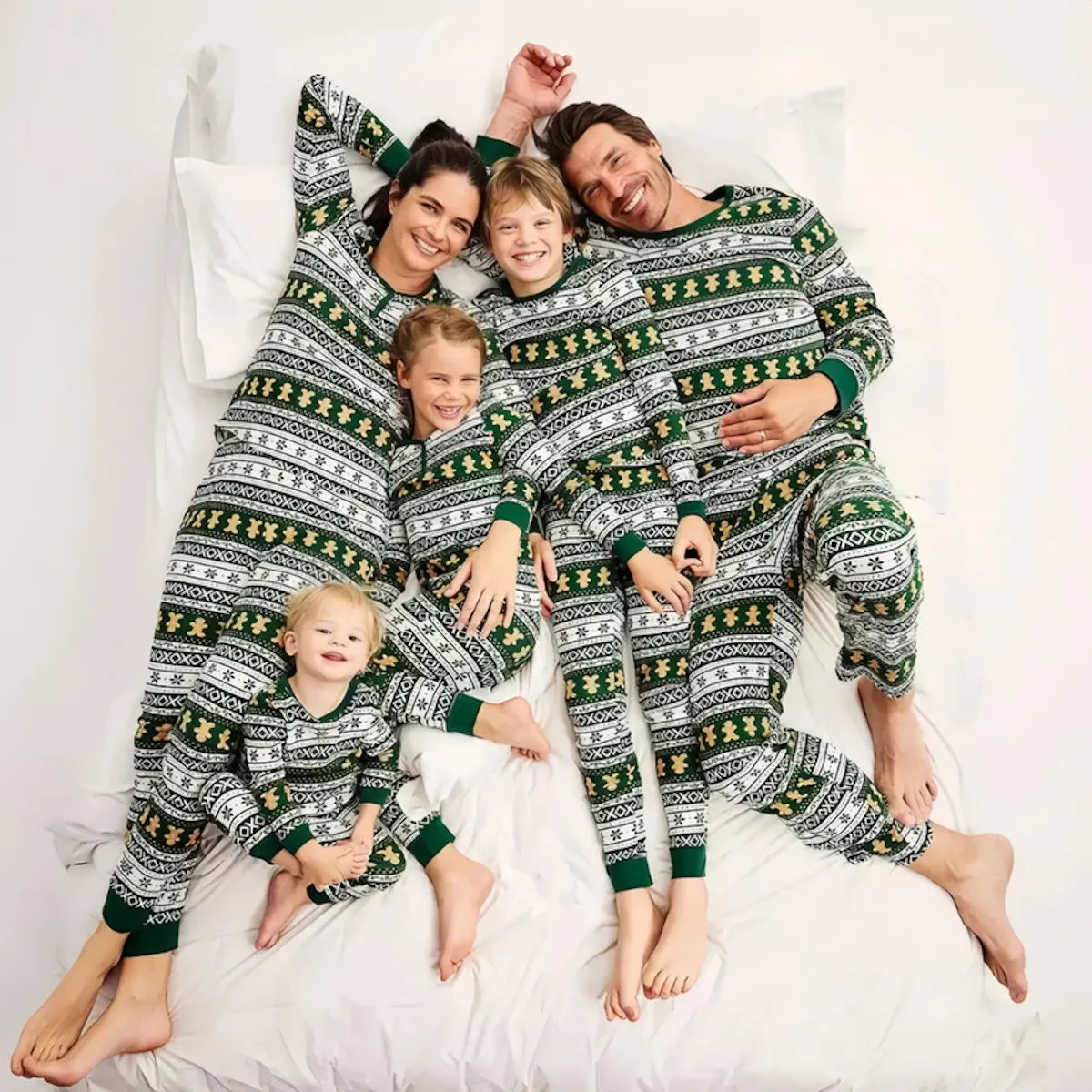 Green Gingerbread Family Pajamas Henry Neckline Allover Gingerbread Pattern Christmas