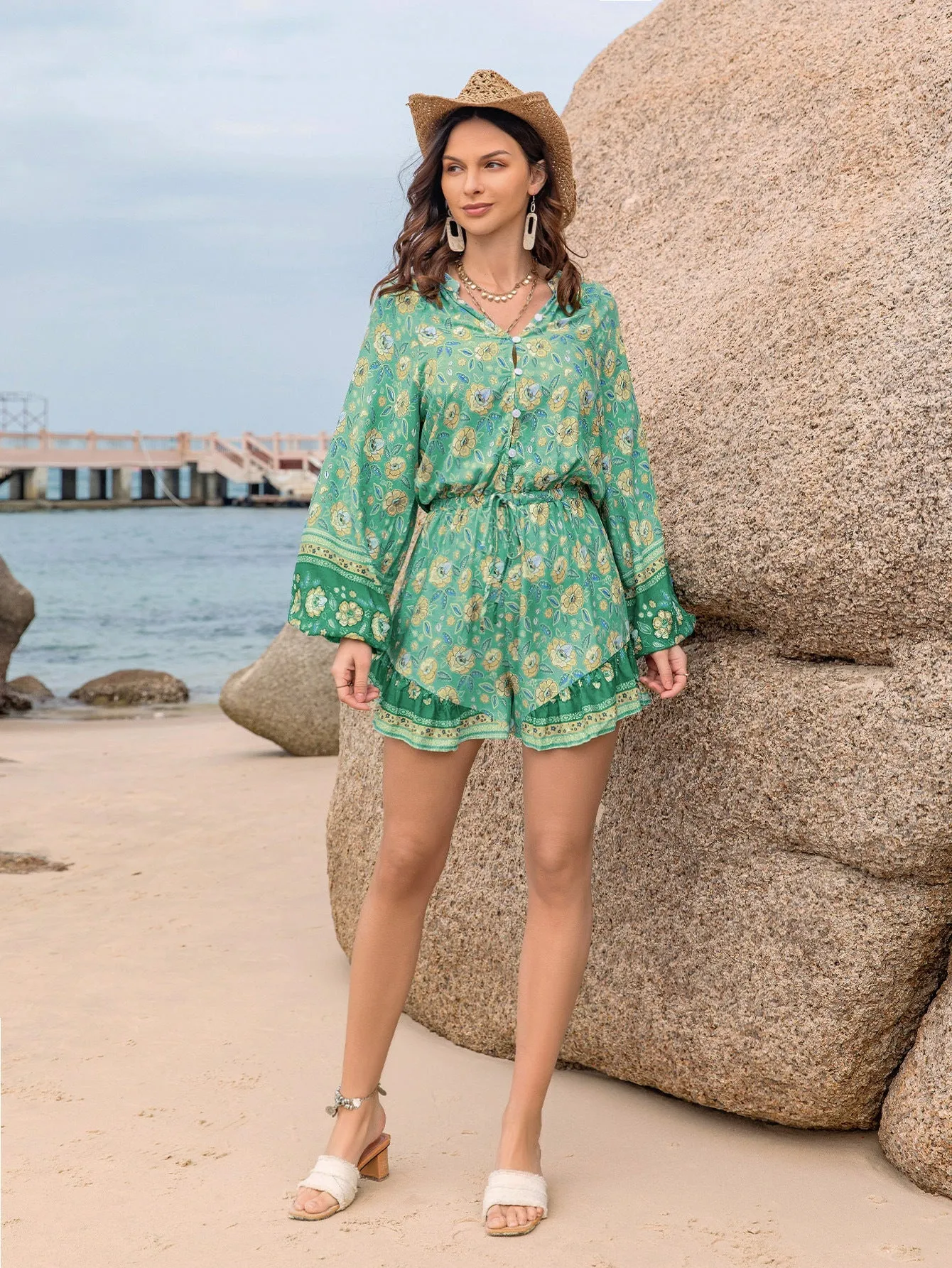 Green Printing Waist Vacation Jumpsuit