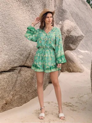 Green Printing Waist Vacation Jumpsuit