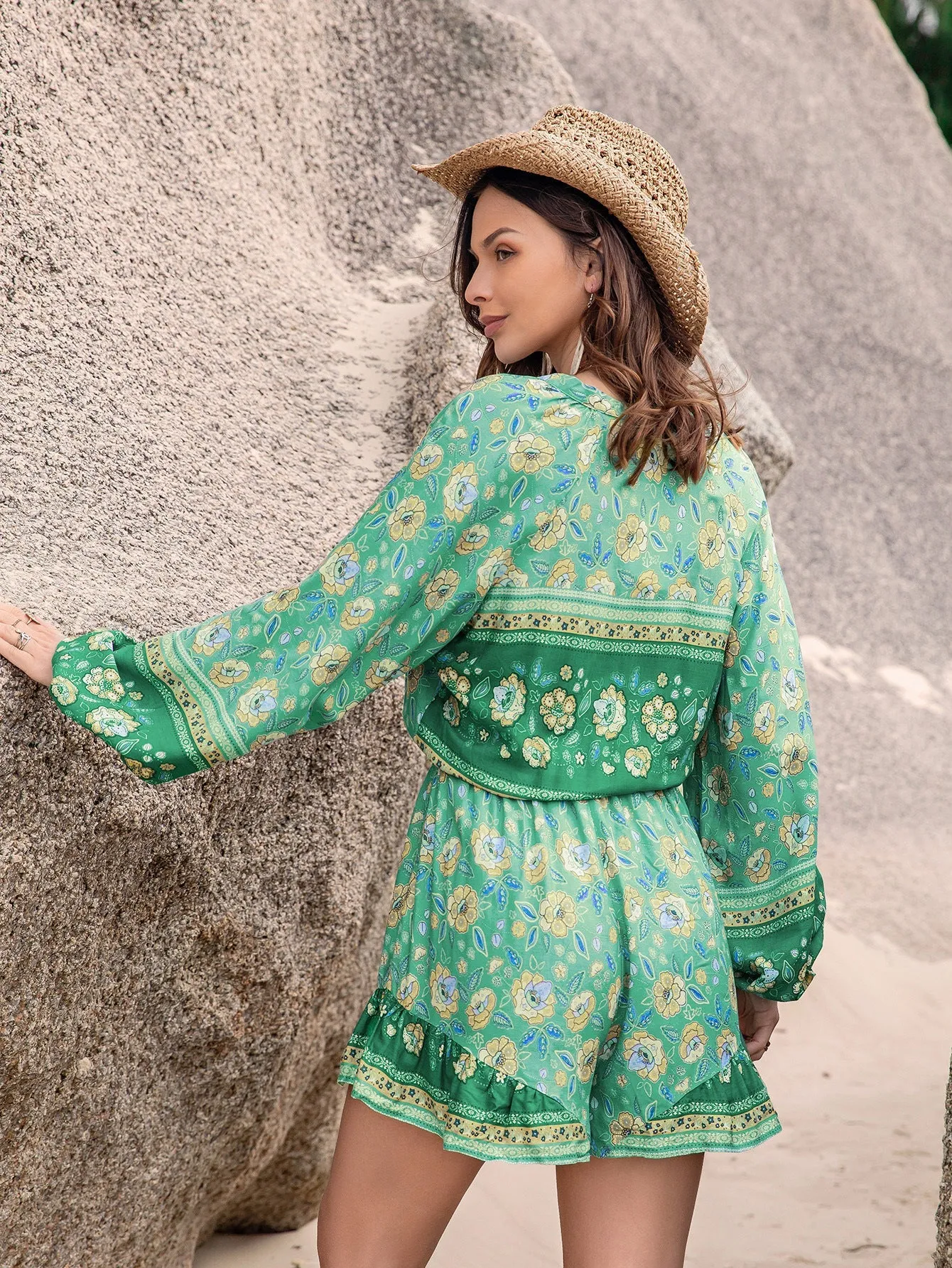 Green Printing Waist Vacation Jumpsuit