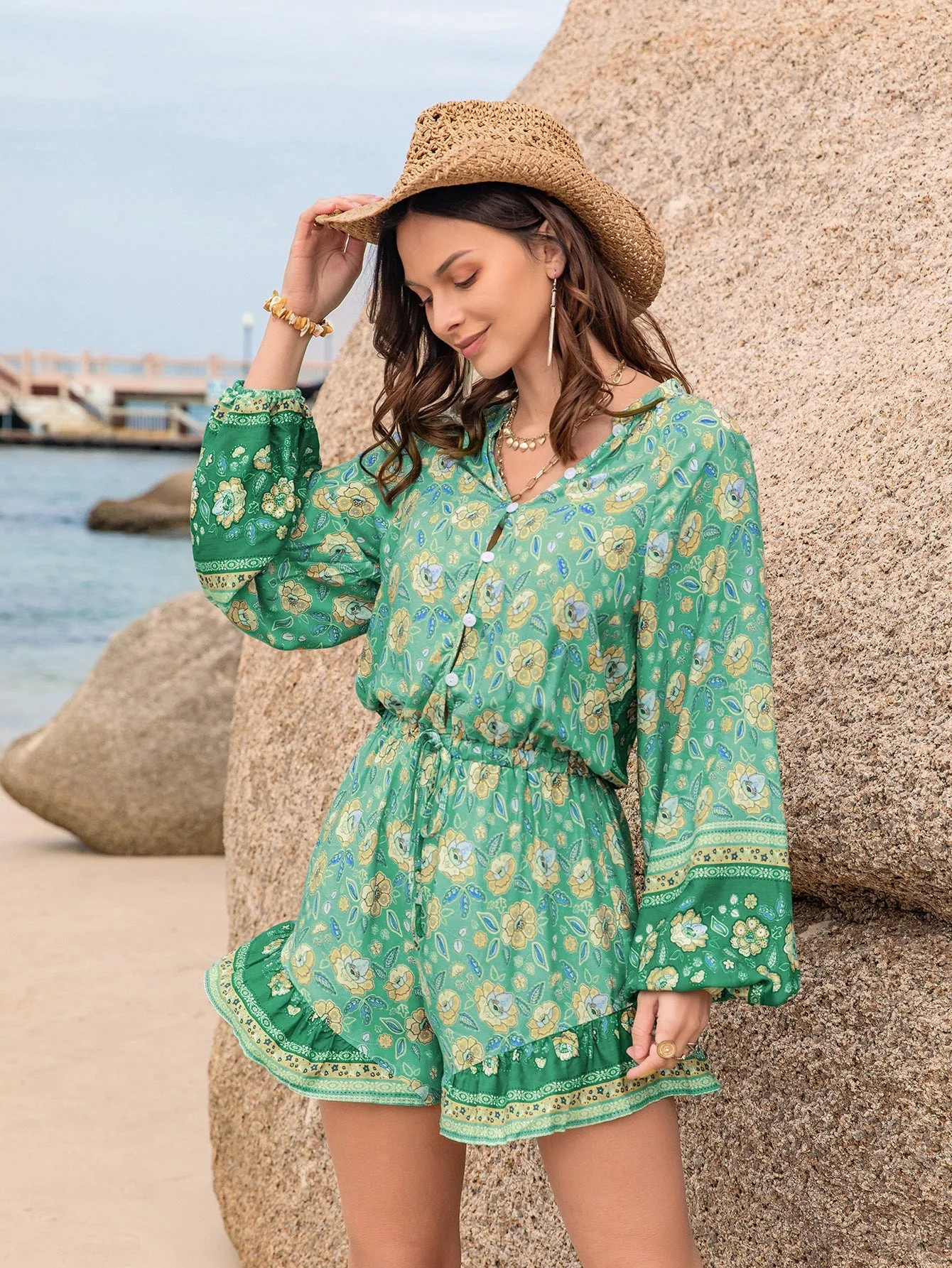 Green Printing Waist Vacation Jumpsuit