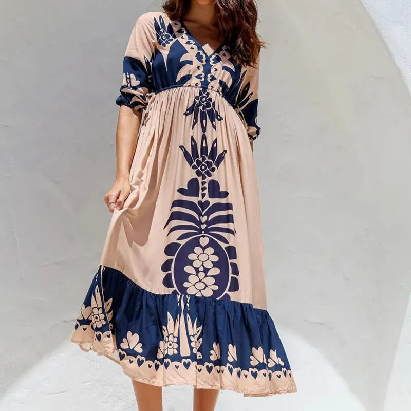 Half Sleeve Drawstring Vintage Bohemian V-neck Casual Printed Big Hem Floral Elegant Dress