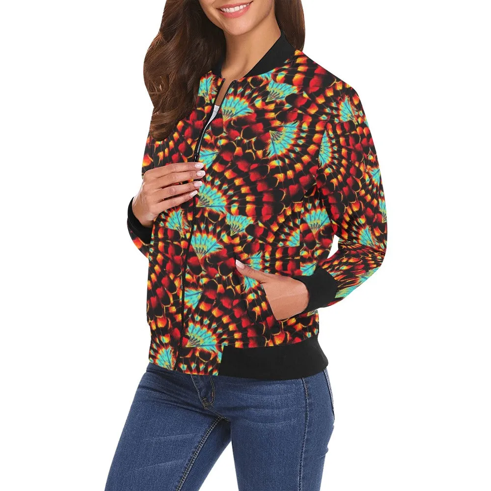 Hawk Feathers Fire and Turquoise Bomber Jacket for Women