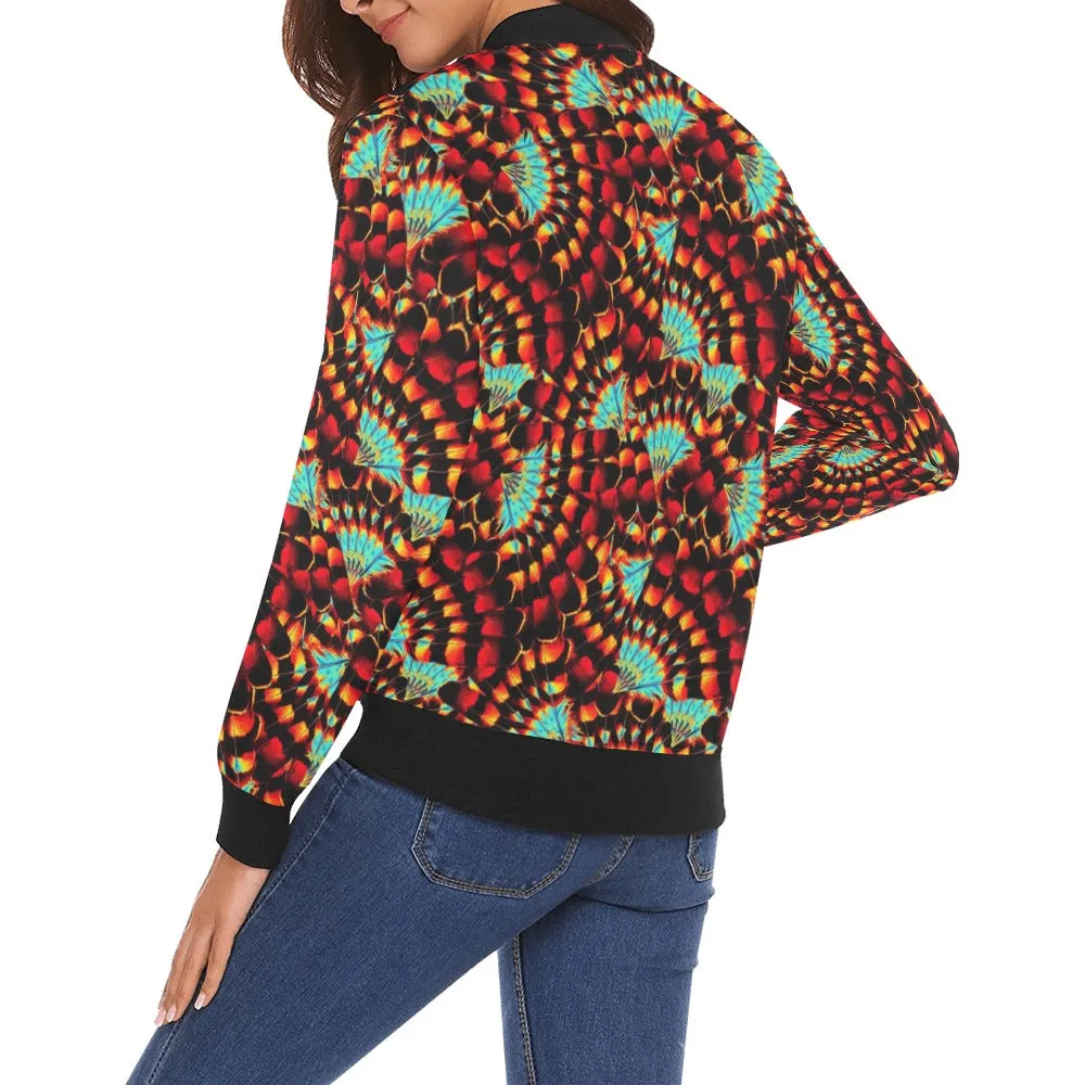 Hawk Feathers Fire and Turquoise Bomber Jacket for Women