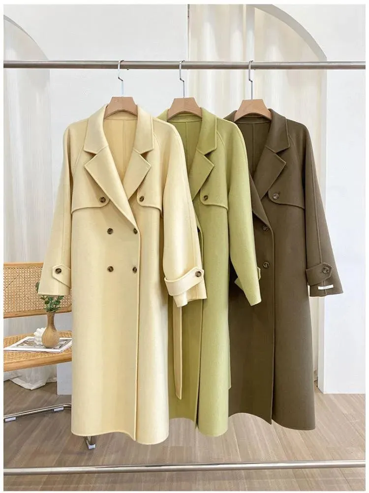 Hnewly Korean Style Fall And Winter Double Breasted Long 100% Wool Coats Women Handmade Suit Collar Loose Lace Up Woolen Jackets