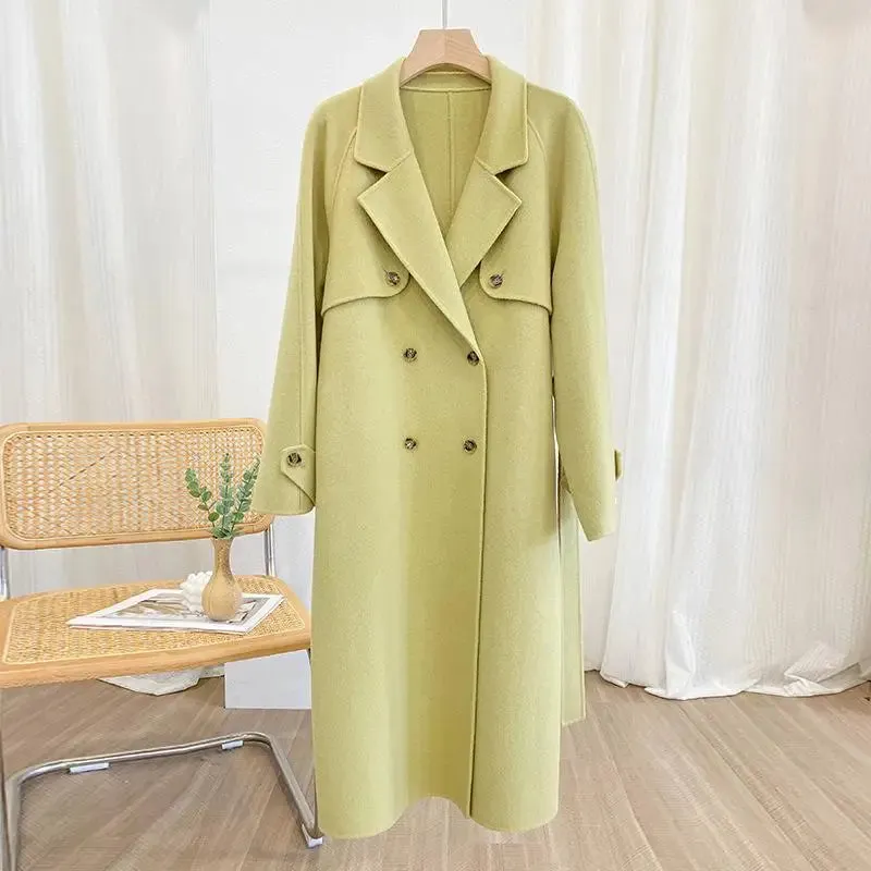 Hnewly Korean Style Fall And Winter Double Breasted Long 100% Wool Coats Women Handmade Suit Collar Loose Lace Up Woolen Jackets