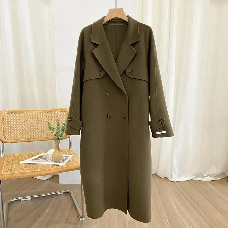 Hnewly Korean Style Fall And Winter Double Breasted Long 100% Wool Coats Women Handmade Suit Collar Loose Lace Up Woolen Jackets