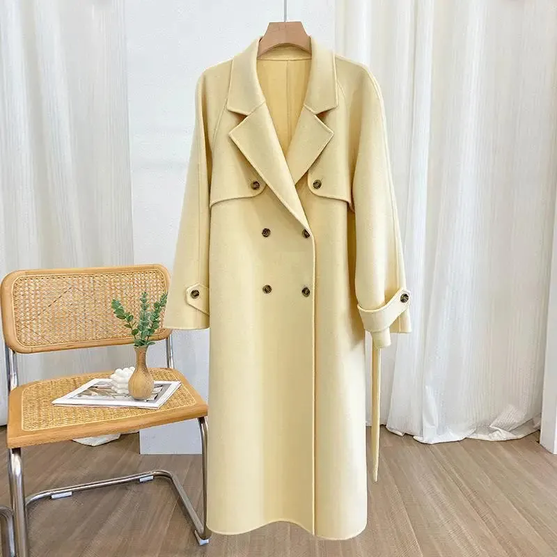 Hnewly Korean Style Fall And Winter Double Breasted Long 100% Wool Coats Women Handmade Suit Collar Loose Lace Up Woolen Jackets