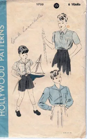 Hollywood 1735 Boys Sport Shirt Vintage 1940's Sewing Pattern