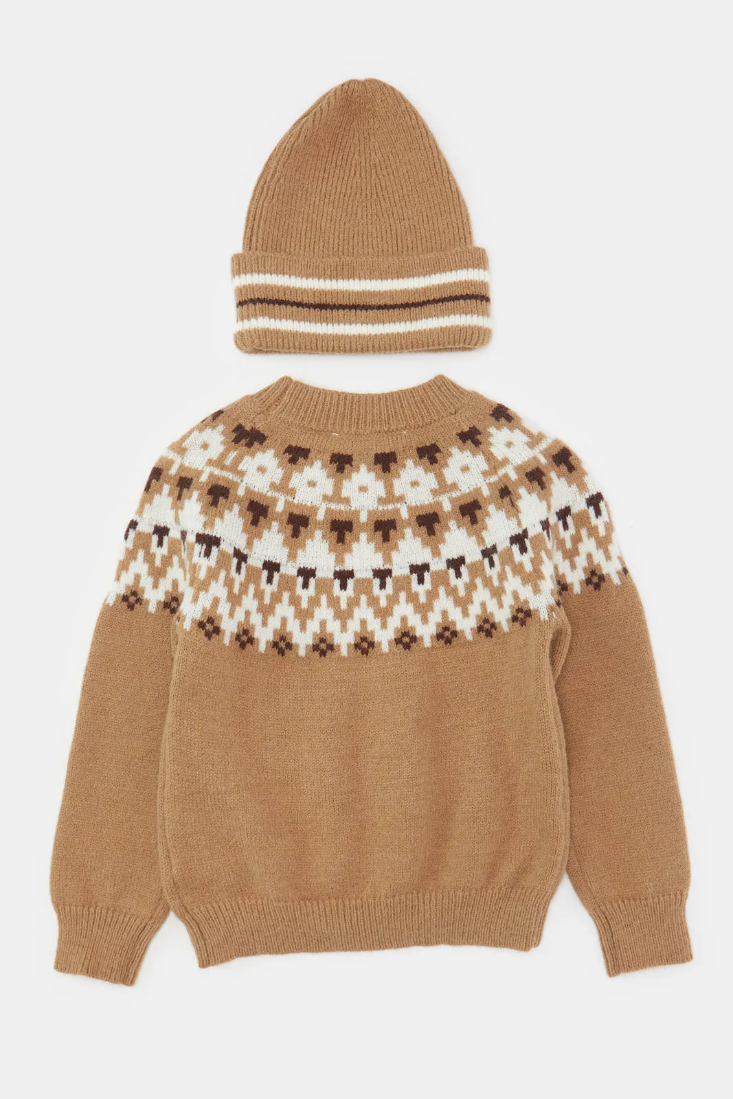 Infant Boys Brown Knitted Pullover With Cap Set (2 Piece)